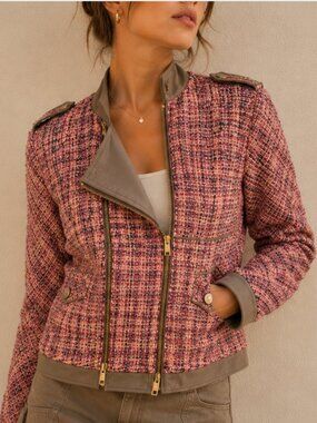 BCBGMAXAZRIA Pink Tweed Moto Jacket S Barbiecore Military Chic Y2K Glam EUC